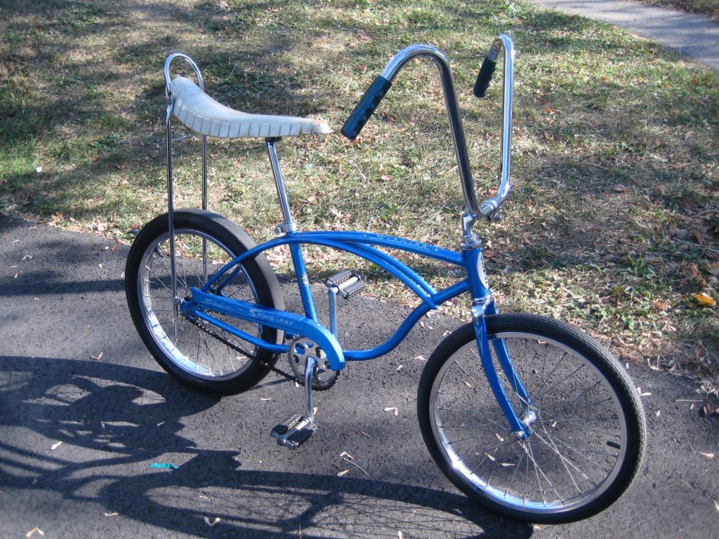 A '67 Schwinn Stingray, baby blue, with a banana seat